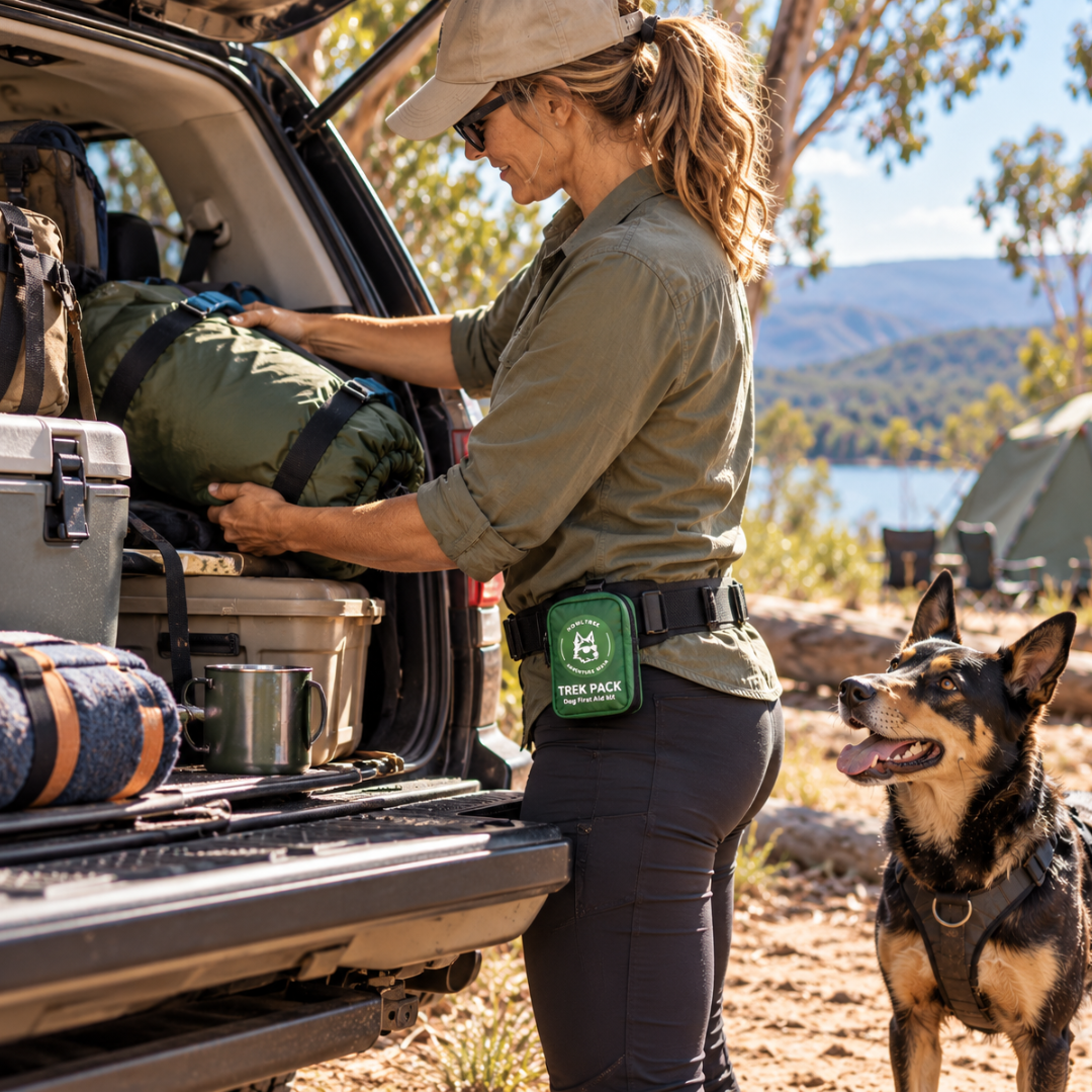A woman packs a green tent into the trunk of a vehicle at a lakeside campsite, wearing a green 'Tree Pack Australia' waist pack. A black and tan dog stands nearby, looking at her.