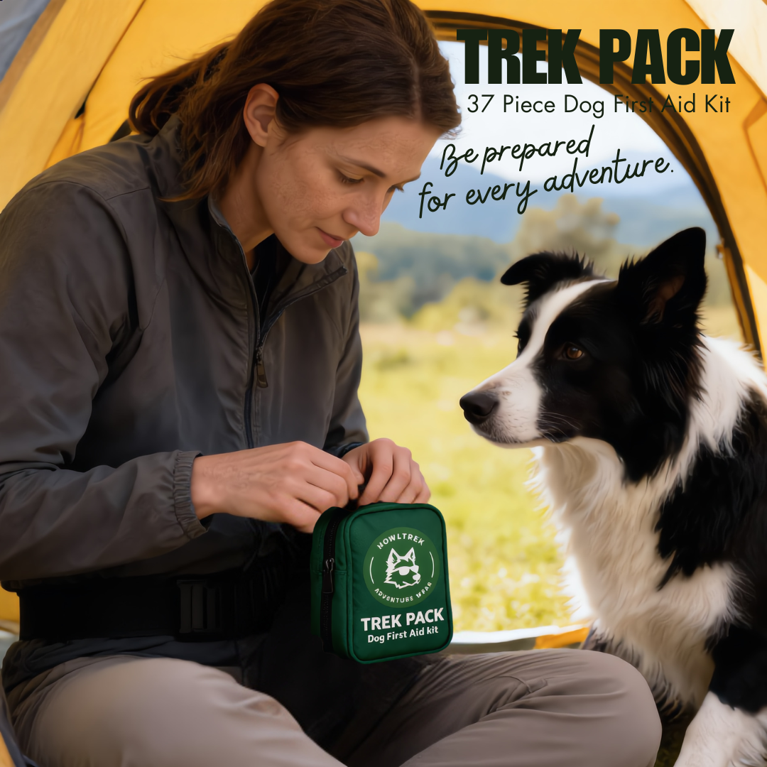 A woman sitting inside a yellow tent with a black and white dog beside her, holding a green dog first aid kit pouch. Text on the image reads 'TREK PACK 37 Piece Dog First Aid Kit' and 'Be prepared for every adventure.