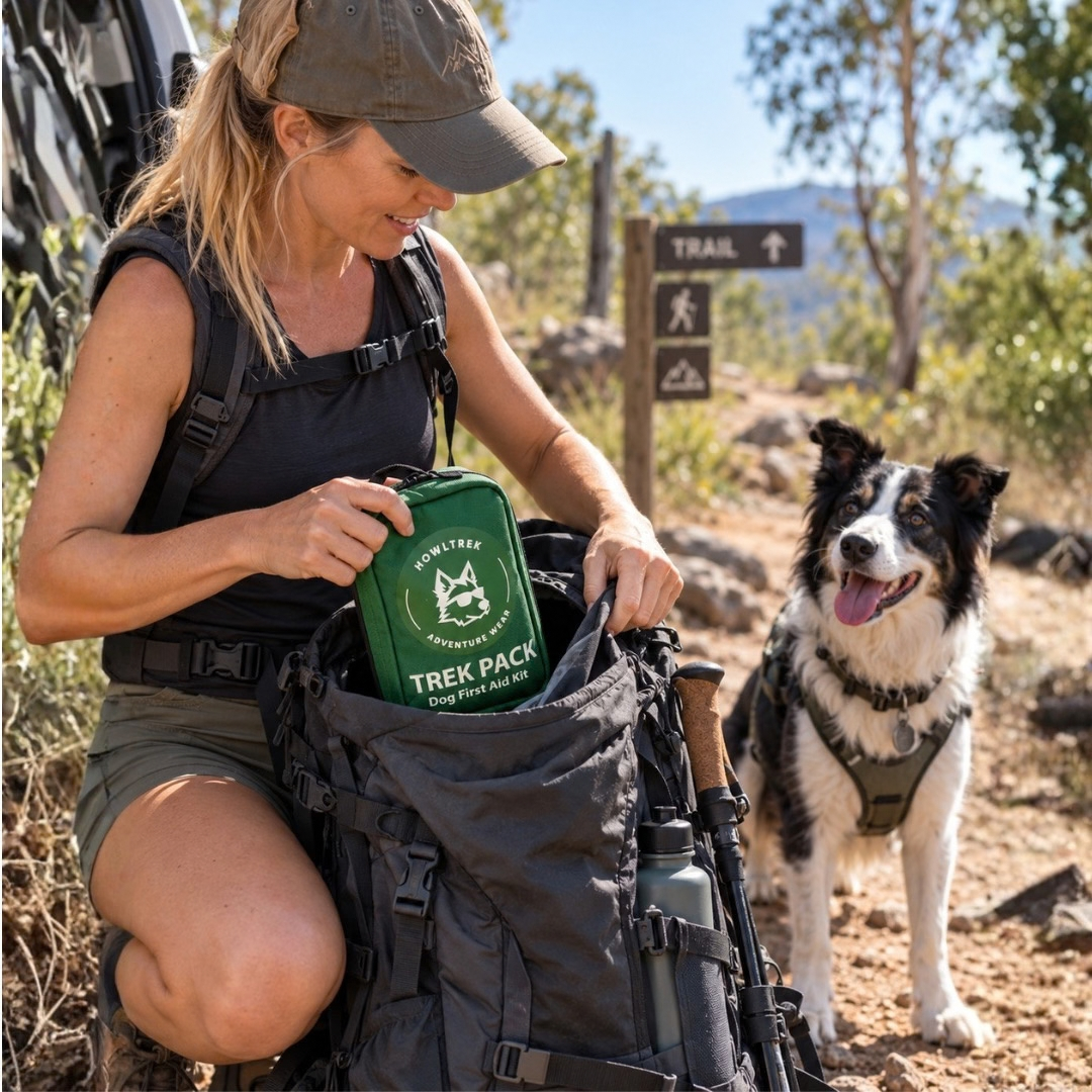 A woman on a hiking trail packs a green Trek Pack dog first aid kit into a black backpack, with a black and white dog standing nearby on the dirt path.