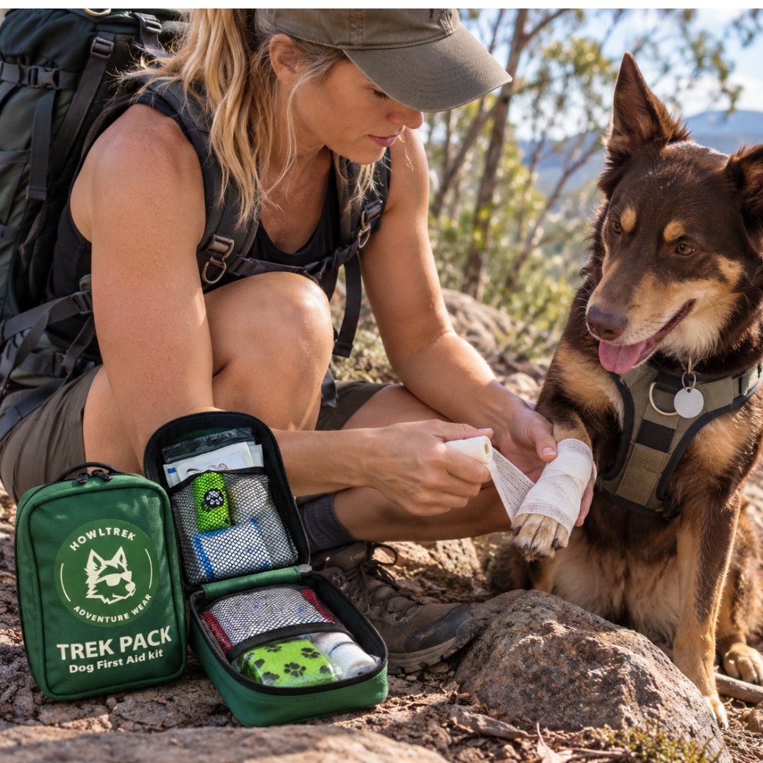 A woman outdoors crouches beside a dog while applying a bandage. In the foreground, an open green emergency pack and a matching green zip case are visible, with the case printed with the brand name 'Homesteader Emergency Pack' and 'Trek Pack'.