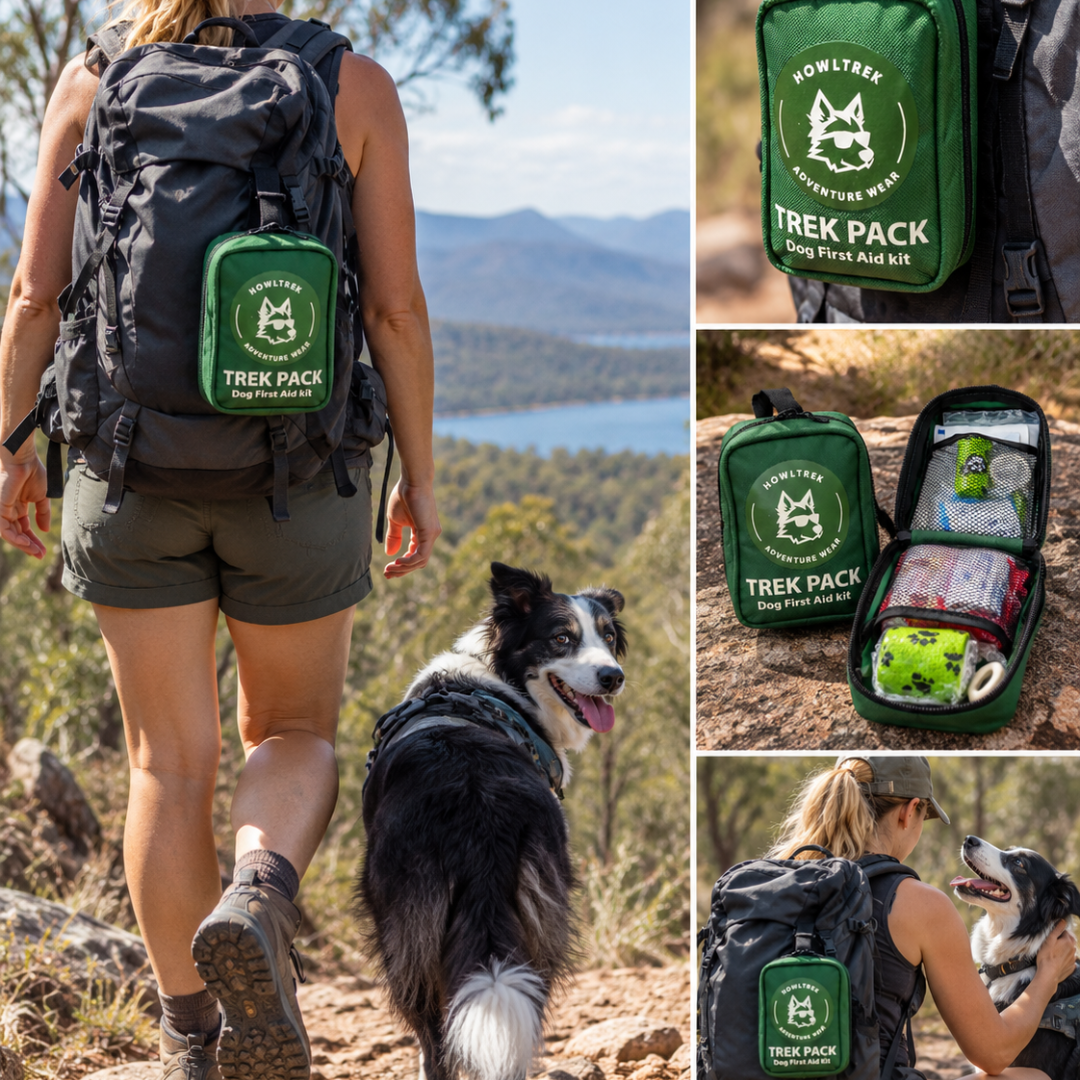 A collage showing a green HowlTrek Treck Pack first aid kit pouch worn on a hiker's backpack, with a dog hiking alongside, plus close-up panels of the pouch and the contents inside. The product is presented in outdoor hiking scenarios with a person and a dog.