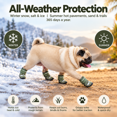 A pug wearing green waterproof dog boots walks through snowy ground and sand, with promotional text reading 'All-Weather Protection' and icons for winter and summer use.