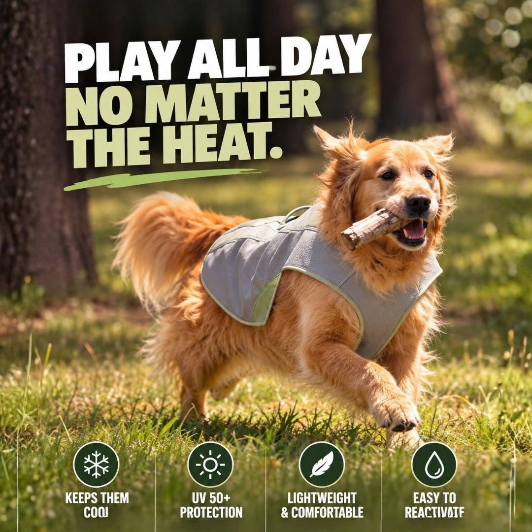 A golden retriever running through grass in a sunny outdoor setting, wearing a light gray cooling dog vest and holding a stick in its mouth. Large text at the top reads 'PLAY ALL DAY NO MATTER THE HEAT.
