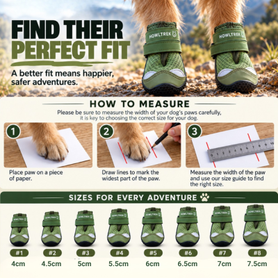 An informational pet shoe sizing graphic with a dog's paws wearing green Howler dog shoes, a 'How to Measure' section with three numbered steps, and a 'Sizes for Every Adventure' chart showing paw width measurements from 4cm to 7.5cm.