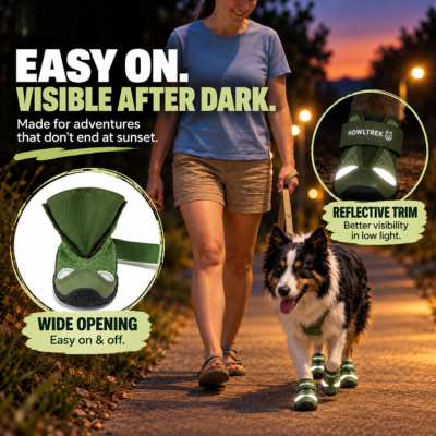 A woman walks a dog on a path at sunset while wearing and showing dog boots. Two circular inset graphics highlight the dog boots' features: one shows a green reflective trim detail, and the other shows a wide opening for easy on/off use.
