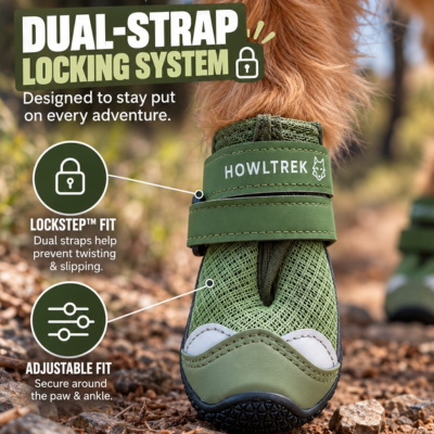 An olive green dog boot with a white and green paw panel, shown on a dog outdoors. The image features text overlays explaining the 'Dual-Strap Locking System' and includes the brand name HOWLTrek on the strap.