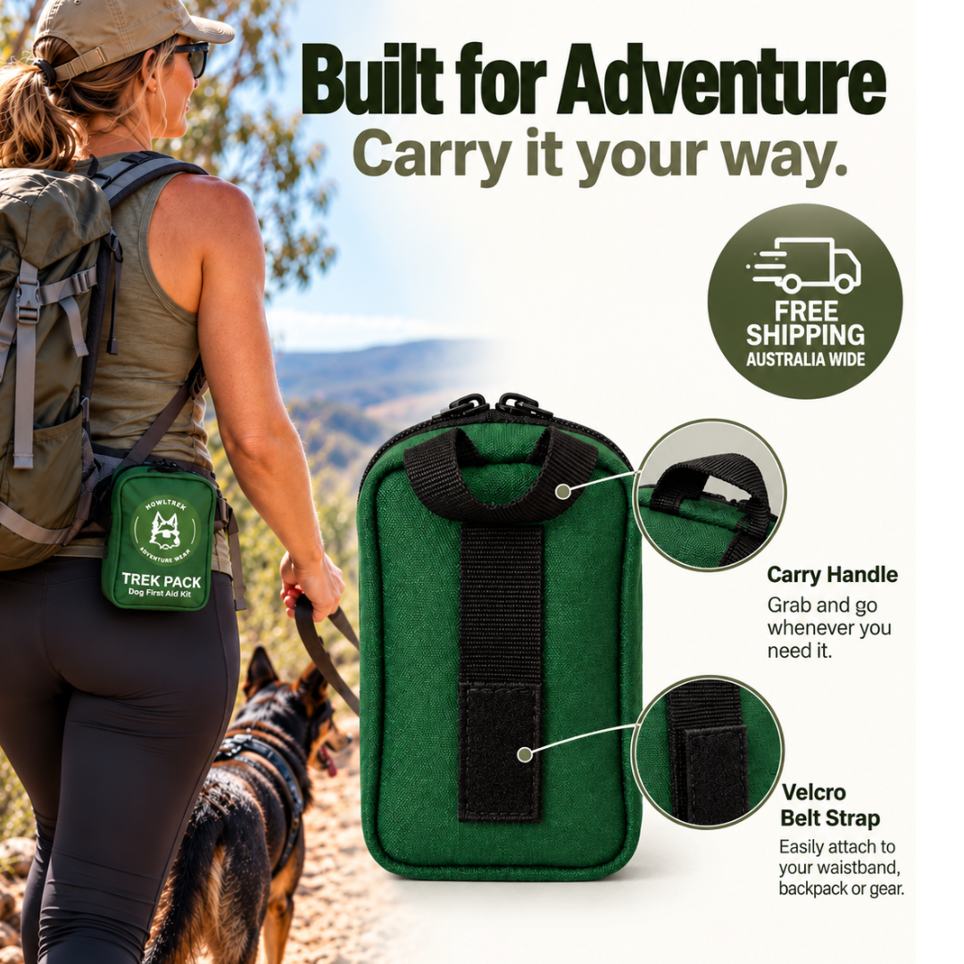 A promotional product graphic for a green Trek Pack dog backpacking pouch. A woman hiking with a dog is shown on the left wearing the pouch, while the main product is displayed in the center with callout circles highlighting the carry handle and velcro belt strap.