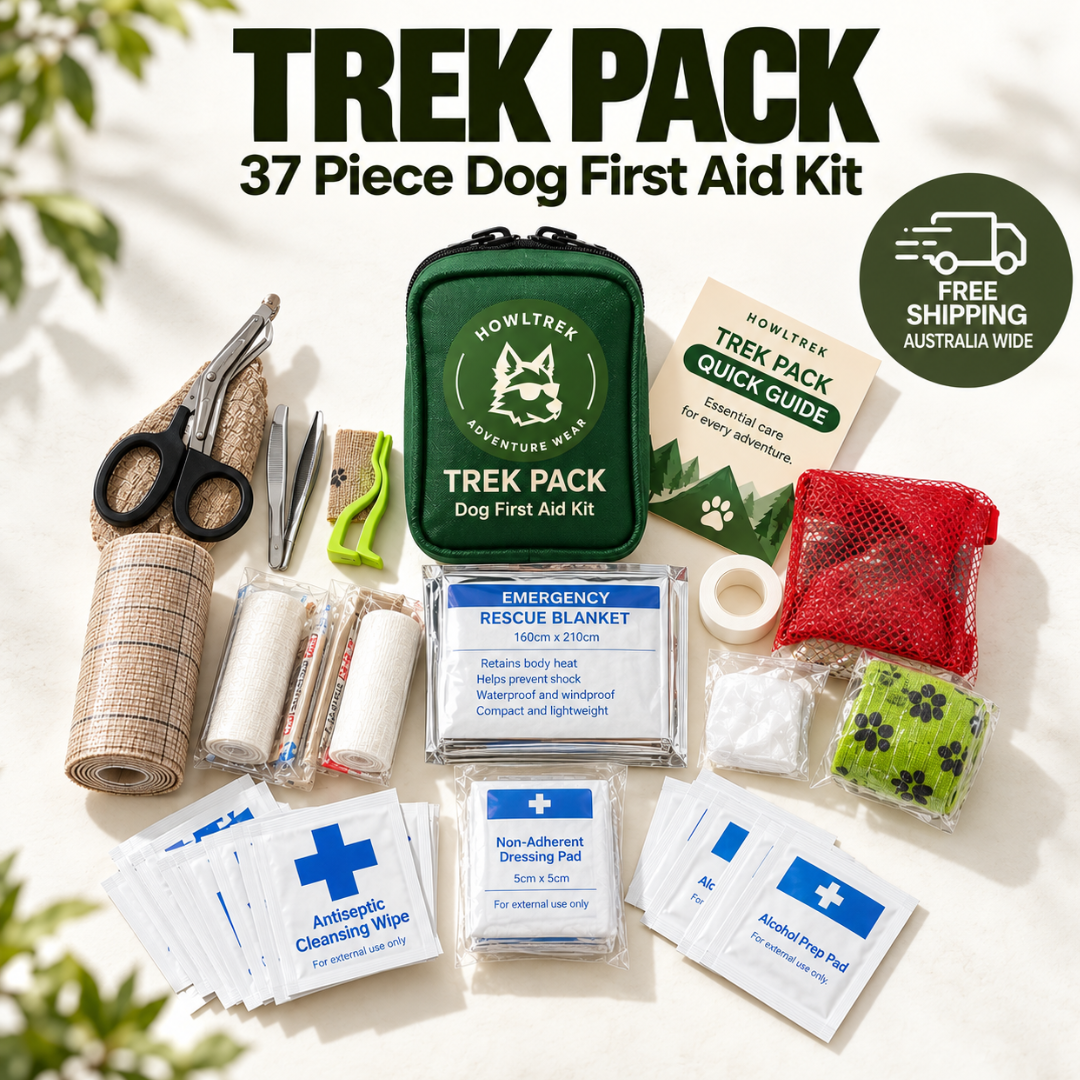 Trek Pack 37 Piece Dog First Aid Kit arranged on a light textured background with large text at the top. The kit includes a green backpack-style first aid pouch, scissors, bandage rolls, tweezers, adhesive wipes, gauze, a red mesh pocket, and other first aid items.