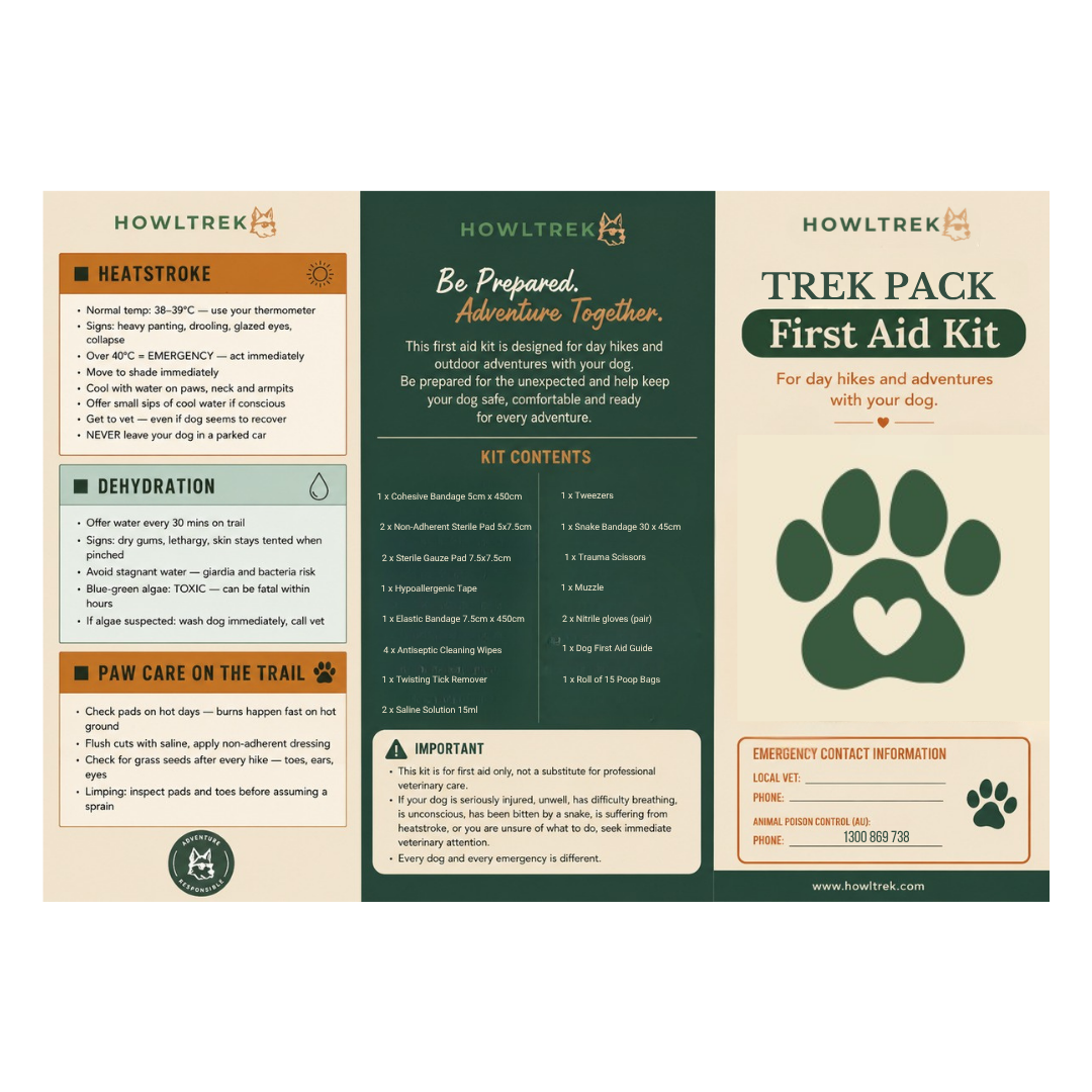 A HowlTrek 'Trek First Aid Kit' informational card or booklet cover, featuring a cream and dark green layout with paw print graphics, product title, contents list, and emergency contact information.