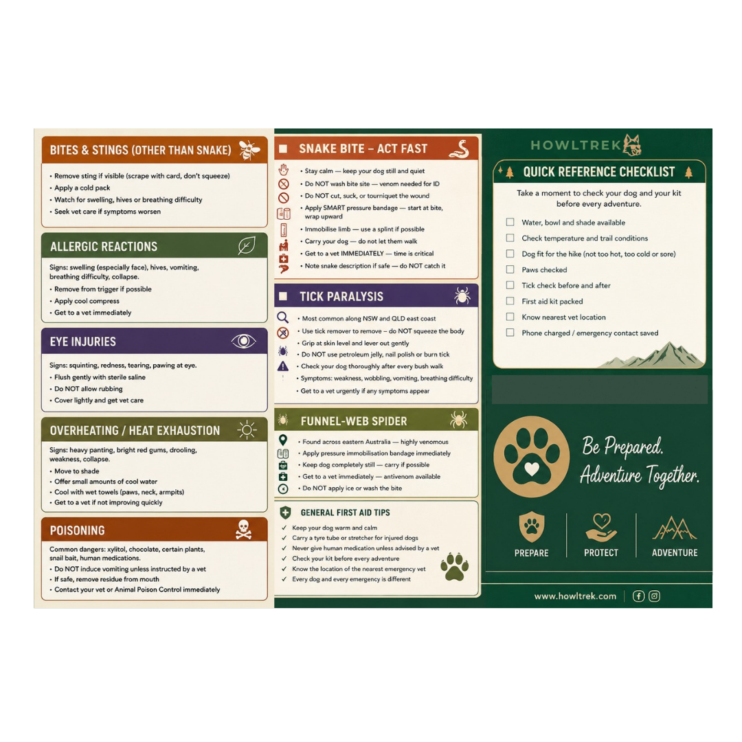 A tri-fold informational poster for Howltree Pet Care, featuring green, white, and dark teal sections with text about first aid, snake bite, tick paralysis, poisoning, and a quick reference checklist.