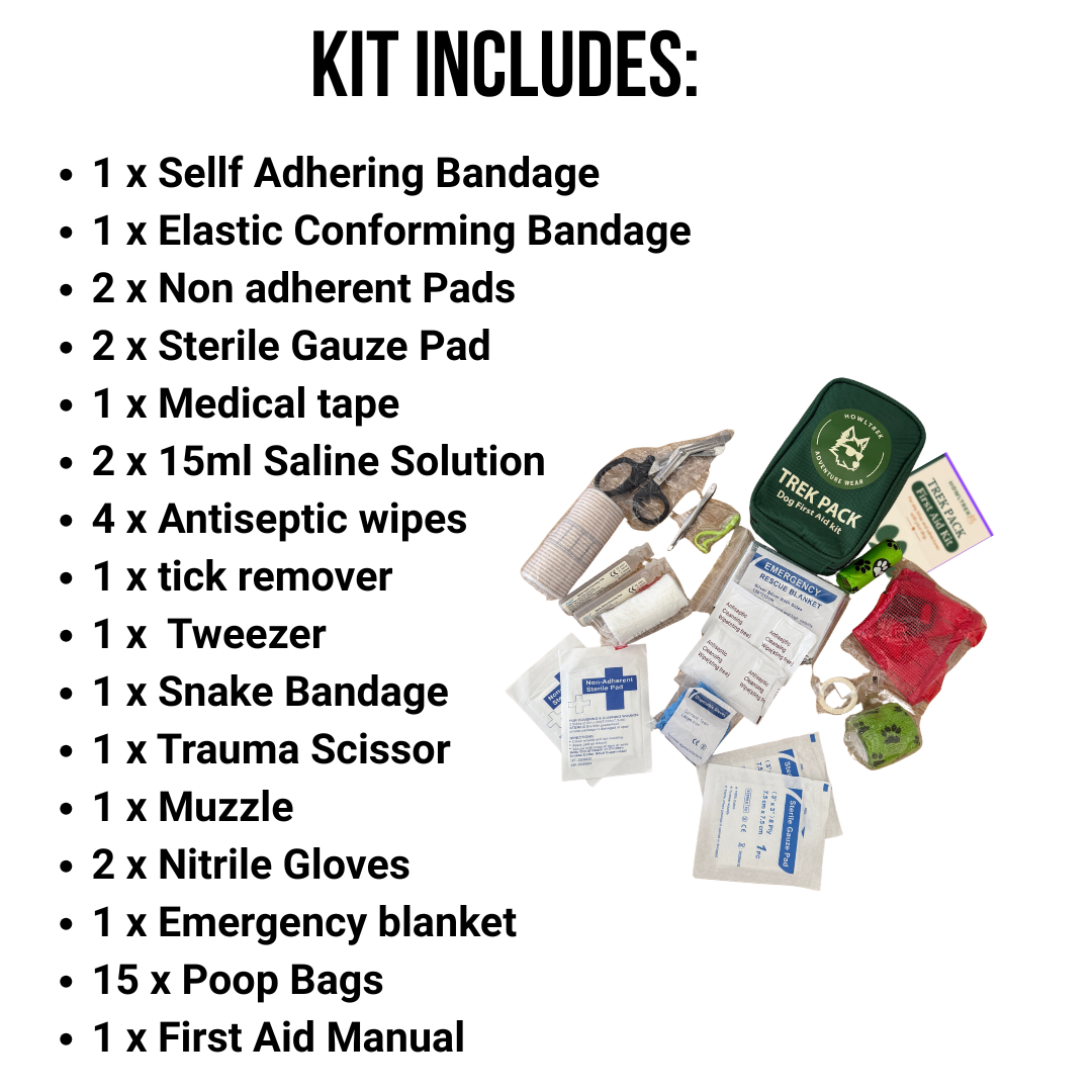 A product kit contents graphic with a bulleted list of included items on a white background next to a photo of the assorted first aid and emergency preparedness kit. The text reads 'KIT INCLUDES:' followed by the list, and the photo shows a green pouch, bandages, gauze, saline solution, tweezers, a snake bandage, a trauma scissor, nitrile gloves, an emergency blanket, and poop bags.