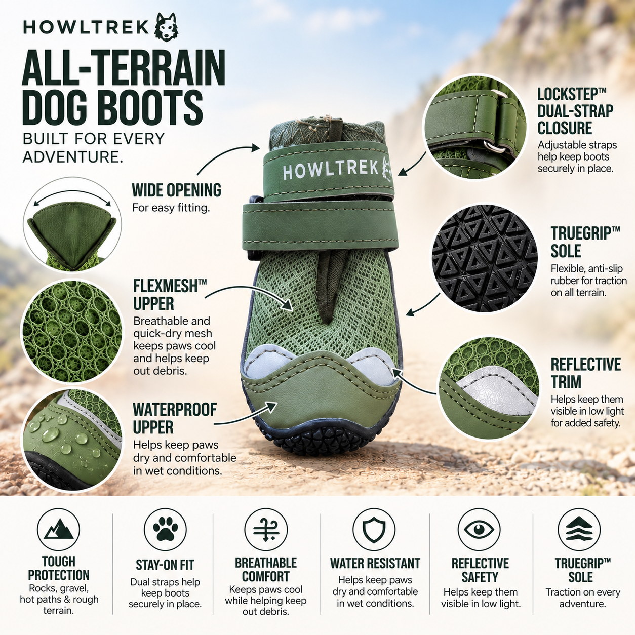 Howltrek All-Terrain Dog Boots in olive green, shown with feature callout graphics and text on a blurred outdoor background. The image highlights waterproof, breathable, and durable features of the dog boot.