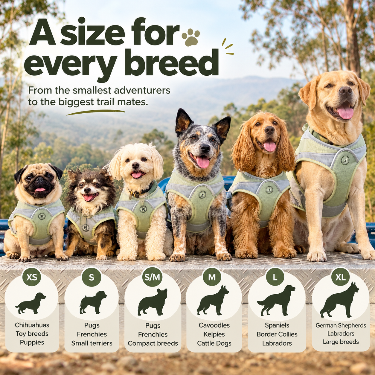 Six dogs of different breeds wearing matching sage green harnesses are lined up outdoors, with text reading 'A size for every breed' and a size chart at the bottom showing breed recommendations forXS through XL.