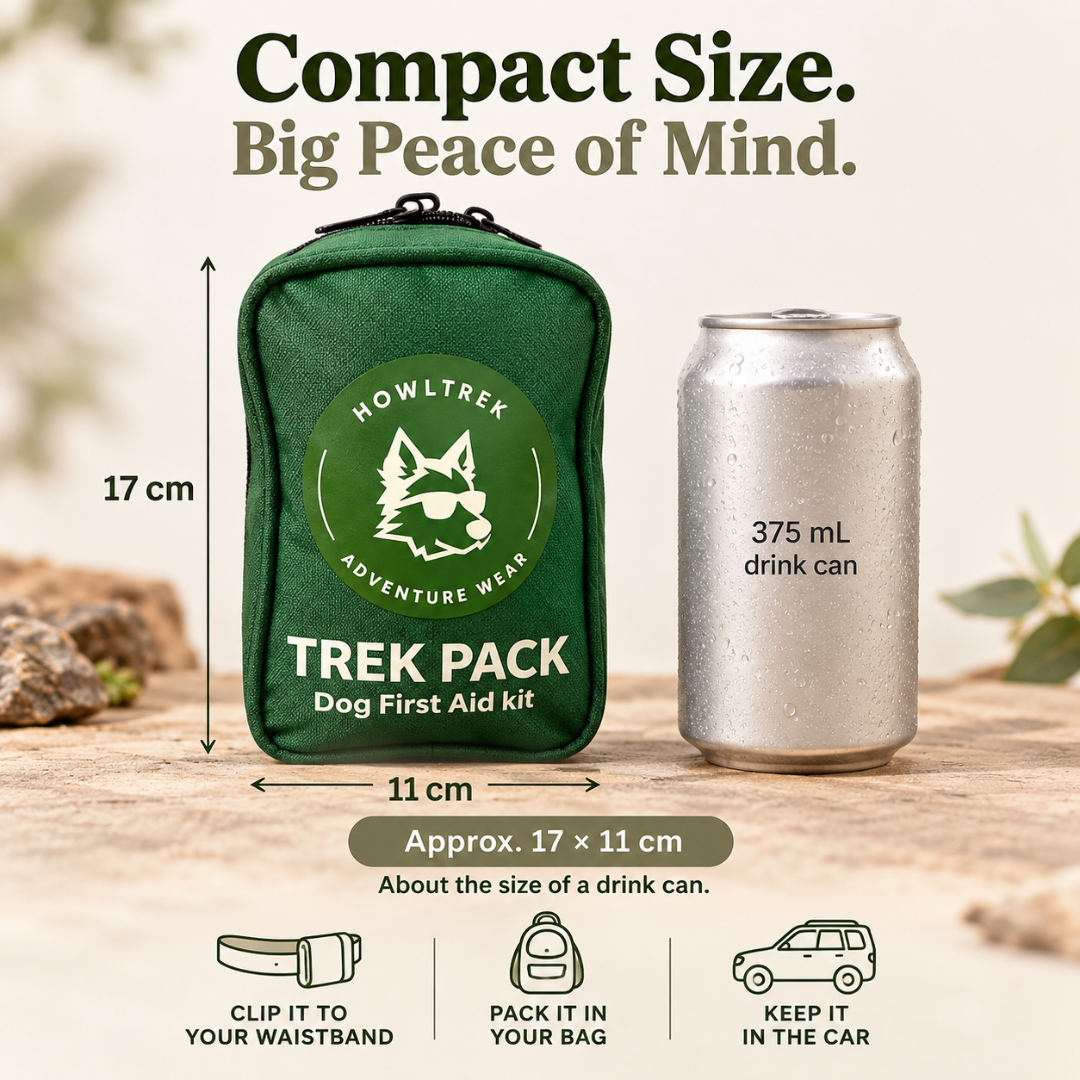 A green dog first aid kit pouch labeled HOWLTREK TREK PACK Dog First Aid kit, shown next to a 375 mL drink can for size comparison. The image includes text reading 'Compact Size.